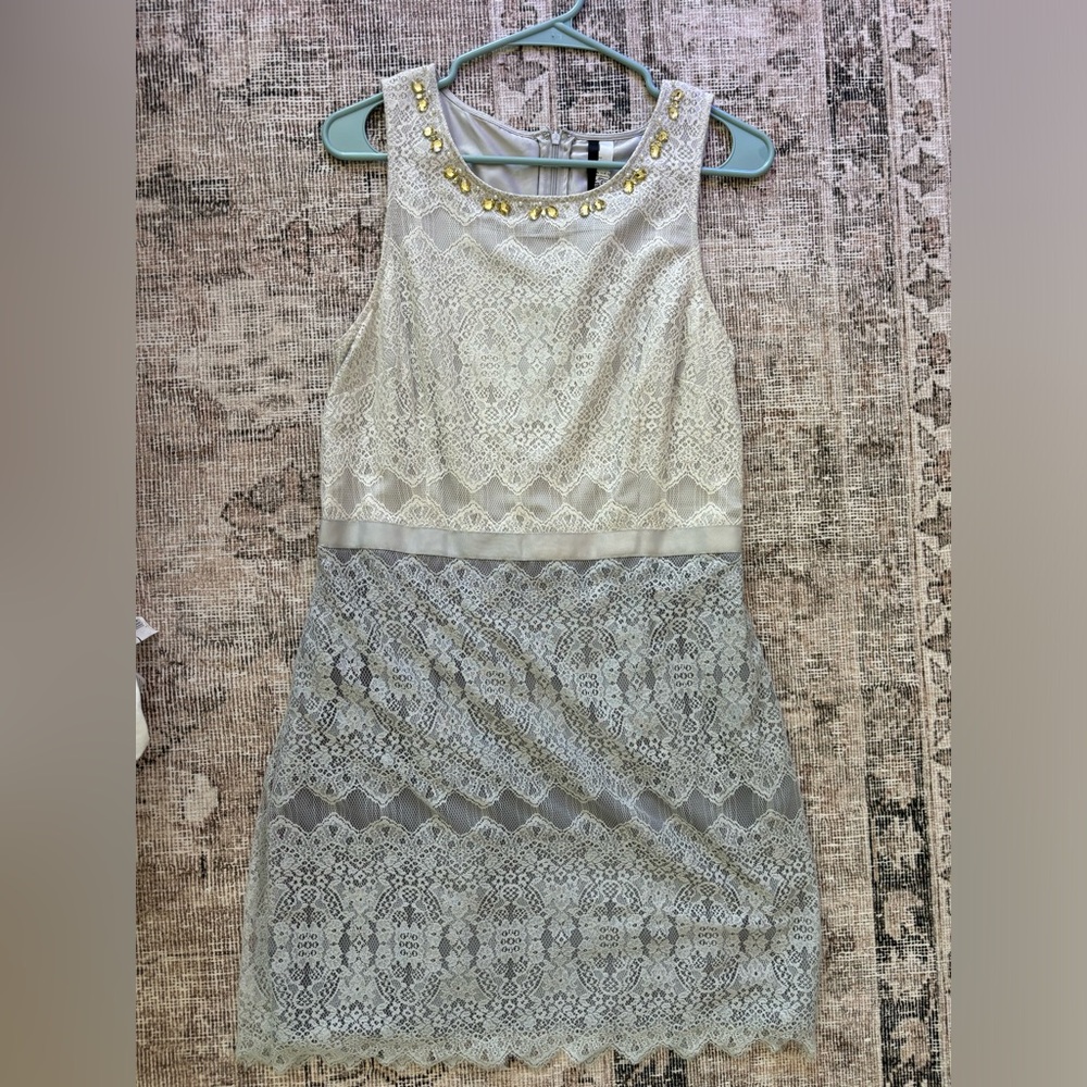 Kensie Cream and Gray Lace Mini Dress
